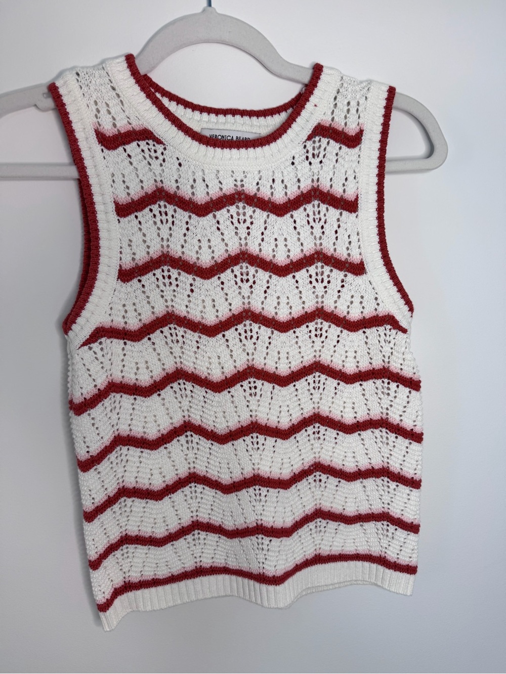 Veronica Beard White Crochet Shell with Terracotta Stripe